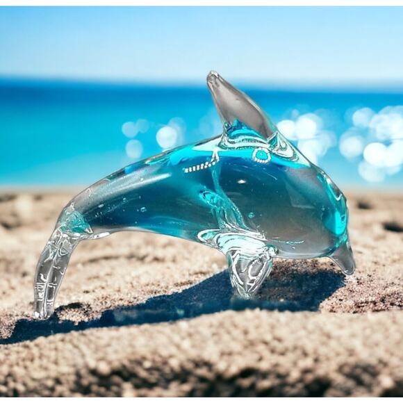 Glass Dolphin Figurine Paperweight Blue Clear Art Deco Hand Blown Bubbles - Picture 1 of 7